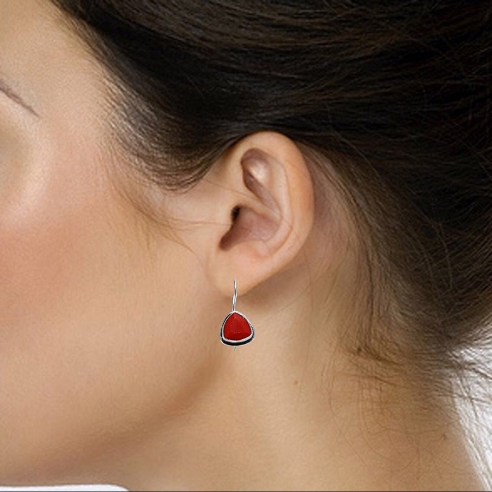 Red Coral Quartz Gemstone 925 SilverPlated Earring - Picture 2 of 2
